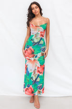 Katrina Midi Dress - Green/Pink Print