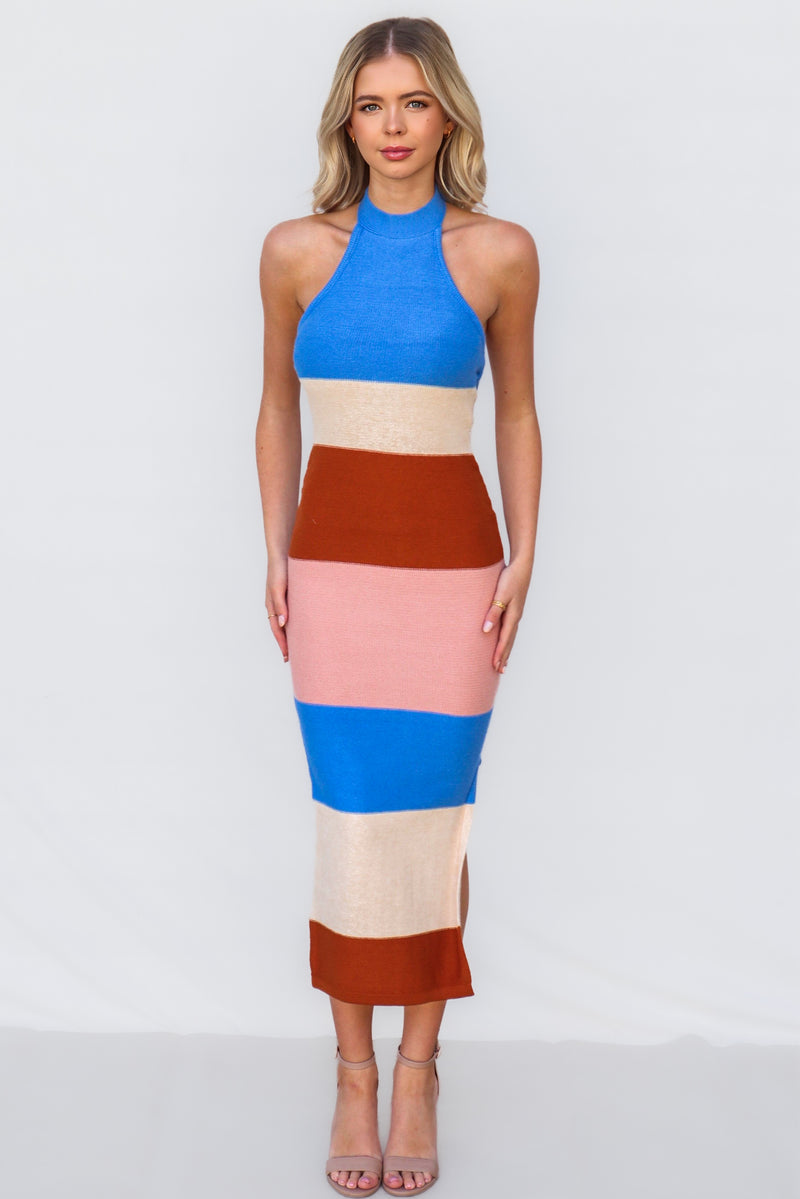 Kelly Midi Dress - Blue/Tan