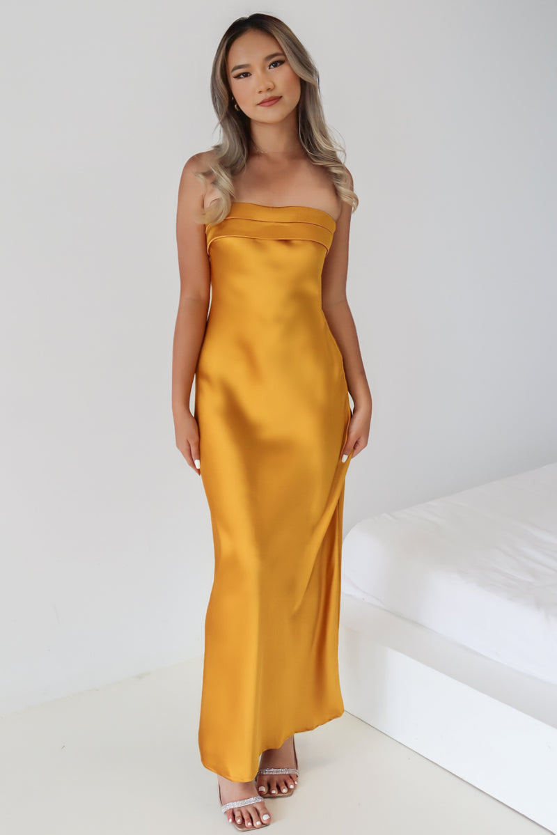 Kyra Satin Maxi Dress - Mustard